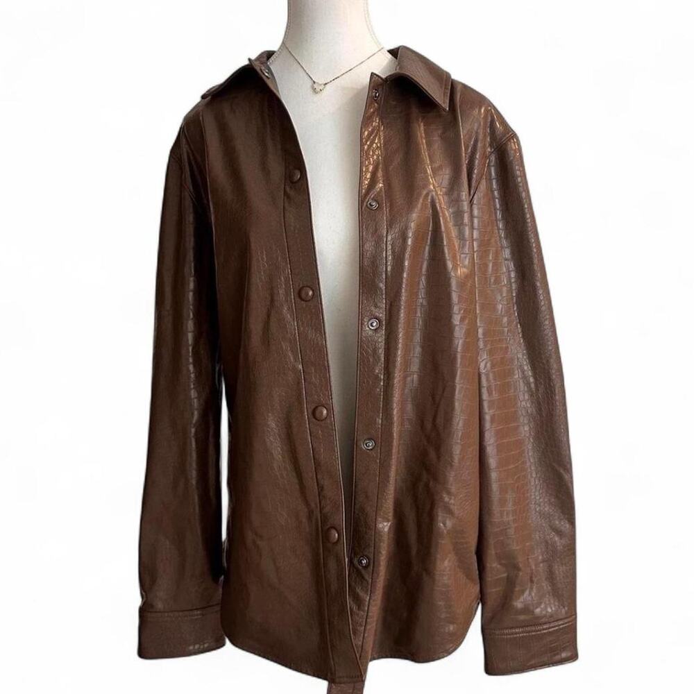 Express brown leather button up jacket oversized fit crocodile texture, size XS